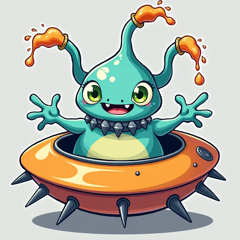 Cartoon Alien Encounter - Detailed line art illustration A cartoonish, bright pastel blue alien creature, positioned centrally in the image. The creature has a bulbous, teardrop shape body, and three large, expressive, light-green eyes.  Three curved, turqoiselur fleshy tube-like appendages extend from its head with orange water spraying from the top. It is wearing a gothic collar with enormous metal spikes sticking out of it. The creature has a cheerful, grinning expression, with visible, cartoonish teeth.  Its arms, also orange, are outstretched in a welcoming gesture. The creature is sitting in a brightly coloured spaceship with metal spokes sticking out from the sides. The background is a plain, light gray. The style is vibrant, playful, and exaggerated, with bold outlines and bright colors. The lighting is even, casting no significant shadows. The creature's pose is friendly and inviting. The overall impression is of a friendly, cartoon alien character. - AI image generated with Photorealistic 2