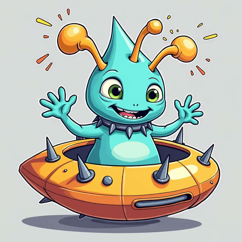 Cartoon Alien Encounter - Detailed line art illustration A cartoonish, bright pastel blue alien creature, positioned centrally in the image. The creature has a bulbous, teardrop shape body, and three large, expressive, light-green eyes.  Three curved, turqoiselur fleshy tube-like appendages extend from its head with orange water spraying from the top. It is wearing a gothic collar with enormous metal spikes sticking out of it. The creature has a cheerful, grinning expression, with visible, cartoonish teeth.  Its arms, also orange, are outstretched in a welcoming gesture. The creature is sitting in a brightly coloured spaceship with metal spokes sticking out from the sides. The background is a plain, light gray. The style is vibrant, playful, and exaggerated, with bold outlines and bright colors. The lighting is even, casting no significant shadows. The creature's pose is friendly and inviting. The overall impression is of a friendly, cartoon alien character. - AI image generated with Photorealistic 2