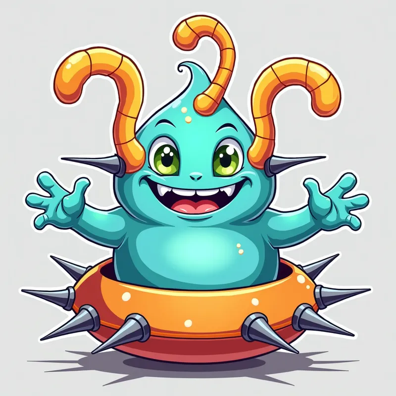 Cartoon Alien Encounter - Detailed line art illustration A cartoonish, bright pastel blue alien creature, positioned centrally in the image. The creature has a bulbous, teardrop shape body, and three large, expressive, light-green eyes. Three curved, turqoiselur fleshy tube-like appendages extend from its head with orange water spraying from the top. It is wearing a gothic collar with enormous metal spikes sticking out of it. The creature has a cheerful, grinning expression, with visible, cartoonish teeth. Its arms, also orange, are outstretched in a welcoming gesture. The creature is sitting in a brightly coloured spaceship with metal spokes sticking out from the sides. The background is a plain, light gray. The style is vibrant, playful, and exaggerated, with bold outlines and bright colors. The lighting is even, casting no significant shadows. The creature's pose is friendly and inviting. The overall impression is of a friendly, cartoon alien character. - AI image generated with Photorealistic 2