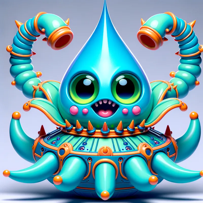 Cartoon Alien Encounter - Detailed line art illustration A cartoonish, bright pastel blue alien creature, positioned centrally in the image. The creature has a bulbous, teardrop shape body, and three large, expressive, light-green eyes.  Three curved, turqoiselur fleshy tube-like appendages extend from its head with orange water spraying from the top. It is wearing a gothic collar with enormous metal spikes sticking out of it. The creature has a cheerful, grinning expression, with visible, cartoonish teeth.  Its arms, also orange, are outstretched in a welcoming gesture. The creature is sitting in a brightly coloured spaceship with metal spokes sticking out from the sides. The background is a plain, light gray. The style is vibrant, playful, and exaggerated, with bold outlines and bright colors. The lighting is even, casting no significant shadows. The creature's pose is friendly and inviting. The overall impression is of a friendly, cartoon alien character. - AI image generated with Art