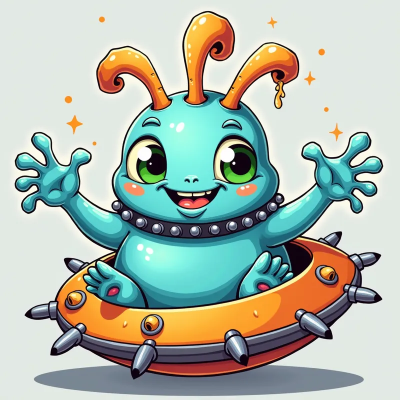 Cartoon Alien Encounter - Detailed line art illustration A cartoonish, bright pastel blue alien creature, positioned centrally in the image. The creature has a bulbous, teardrop shape body, and three large, expressive, light-green eyes.  Three curved, turqoiselur fleshy tube-like appendages extend from its head with orange water spraying from the top. It is wearing a gothic collar with enormous metal spikes sticking out of it. The creature has a cheerful, grinning expression, with visible, cartoonish teeth.  Its arms, also orange, are outstretched in a welcoming gesture. The creature is sitting in a brightly coloured spaceship with metal spokes sticking out from the sides. The background is a plain, light gray. The style is vibrant, playful, and exaggerated, with bold outlines and bright colors. The lighting is even, casting no significant shadows. The creature's pose is friendly and inviting. The overall impression is of a friendly, cartoon alien character. - AI image generated with Photorealistic 2