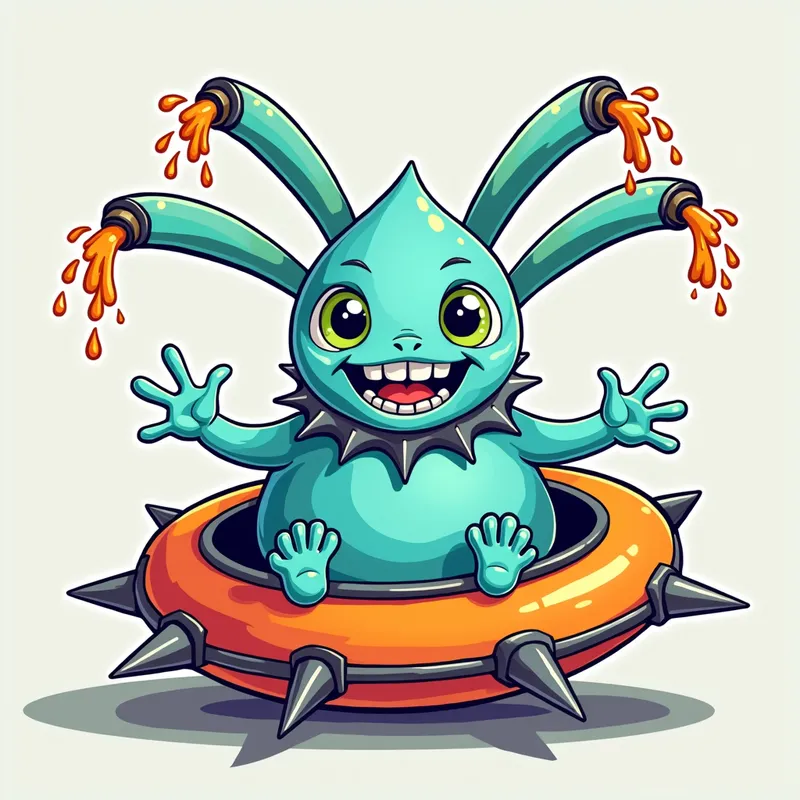 Cartoon Alien Encounter - Detailed line art illustration A cartoonish, bright pastel blue alien creature, positioned centrally in the image. The creature has a bulbous, teardrop shape body, and three large, expressive, light-green eyes.  Three curved, turqoiselur fleshy tube-like appendages extend from its head with orange water spraying from the top. It is wearing a gothic collar with enormous metal spikes sticking out of it. The creature has a cheerful, grinning expression, with visible, cartoonish teeth.  Its arms, also orange, are outstretched in a welcoming gesture. The creature is sitting in a brightly coloured spaceship with metal spokes sticking out from the sides. The background is a plain, light gray. The style is vibrant, playful, and exaggerated, with bold outlines and bright colors. The lighting is even, casting no significant shadows. The creature's pose is friendly and inviting. The overall impression is of a friendly, cartoon alien character. - AI image generated with Photorealistic 2