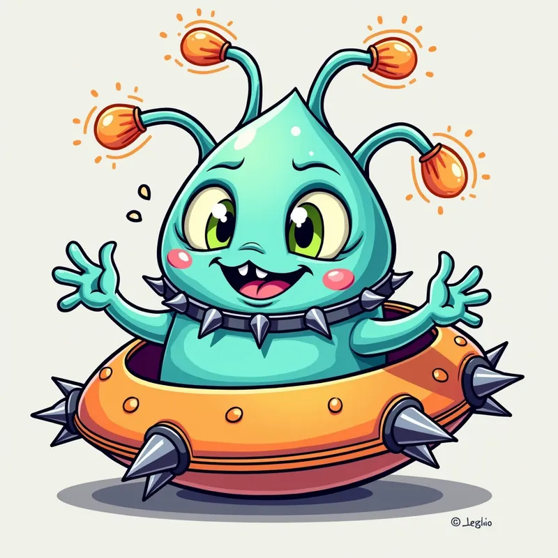 Cartoon Alien Encounter - Detailed line art illustration A cartoonish, bright pastel blue alien creature, positioned centrally in the image. The creature has a bulbous, teardrop shape body, and three large, expressive, light-green eyes. Three curved, turqoiselur fleshy tube-like appendages extend from its head with orange water spraying from the top. It is wearing a gothic collar with enormous metal spikes sticking out of it. The creature has a cheerful, grinning expression, with visible, cartoonish teeth. Its arms, also orange, are outstretched in a welcoming gesture. The creature is sitting in a brightly coloured spaceship with metal spokes sticking out from the sides. The background is a plain, light gray. The style is vibrant, playful, and exaggerated, with bold outlines and bright colors. The lighting is even, casting no significant shadows. The creature's pose is friendly and inviting. The overall impression is of a friendly, cartoon alien character. - AI image generated with Photorealistic 2