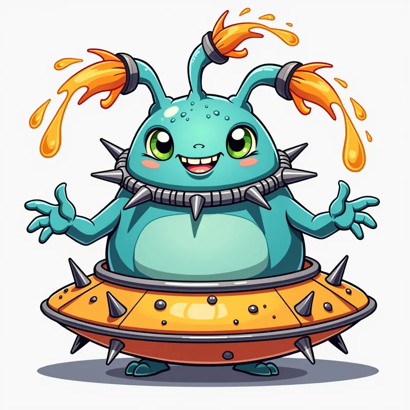 Cartoon Alien Encounter - Detailed line art illustration A cartoonish, bright pastel blue alien creature, positioned centrally in the image. The creature has a bulbous, teardrop shape body, and three large, expressive, light-green eyes. Three curved, turqoiselur fleshy tube-like appendages extend from its head with orange water spraying from the top. It is wearing a gothic collar with enormous metal spikes sticking out of it. The creature has a cheerful, grinning expression, with visible, cartoonish teeth. Its arms, also orange, are outstretched in a welcoming gesture. The creature is sitting in a brightly coloured spaceship with metal spokes sticking out from the sides. The background is a plain, light gray. The style is vibrant, playful, and exaggerated, with bold outlines and bright colors. The lighting is even, casting no significant shadows. The creature's pose is friendly and inviting. The overall impression is of a friendly, cartoon alien character. - AI image generated with Photorealistic 2