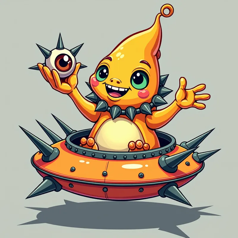 Cartoon Alien in Spiked Spaceship - Detailed line art illustration A cartoonish, brightly coloured alien creature, positioned centrally in the image. The creature has a bulbous, teardrop shape body, and three large, expressive, light-green eyes. a hand extends from its head with a eyeball sitting in the palm. It is wearing a gothic collar with enormous metal spikes sticking out of it. The creature has a cheerful, grinning expression, with visible, cartoonish teeth. Its arms, also orange, are outstretched in a welcoming gesture. The creature is sitting in a brightly coloured spaceship with metal spikes sticking out from the sides. The background is a plain, light gray. The style is vibrant, playful, and exaggerated, with bold outlines and bright colors. The lighting is even, casting no significant shadows. The creature's pose is friendly and inviting. The overall impression is of a friendly, cartoon alien character. - AI image generated with Photorealistic 2