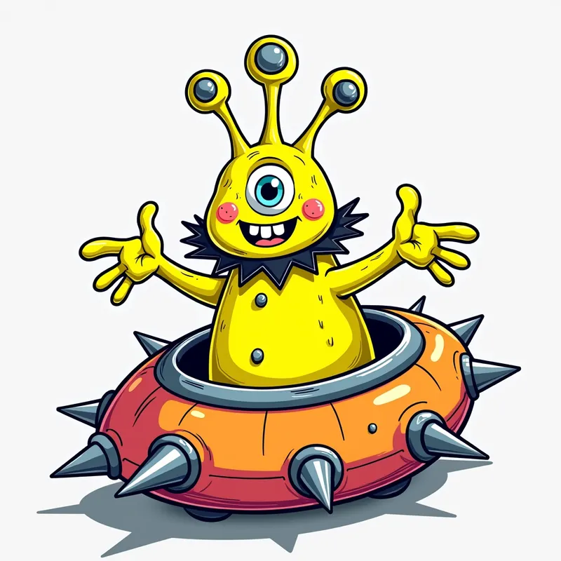 Cartoon Alien in Spiked Spaceship - Detailed line art illustration A cartoonish, fluorescent yellow alien creature, positioned centrally in the image. The creature has a bulbous, teardrop shape body, and one large, expressive eye in the middle of its forehead Three oddly shaped fleshy appendages stick straight out from the top of its headi. It is wearing a gothic collar with enormous metal spikes sticking out of it. The creature has a cheerful, grinning expression, with visible, cartoonish teeth. Its arms, also brightly coloured, are outstretched in a welcoming gesture. The creature is sitting in a brightly coloured spaceship with metal spikes sticking out from the sides. The background is a plain, light gray. The style is vibrant, playful, and exaggerated, with bold outlines and bright colors. The lighting is even, casting no significant shadows. The creature's pose is friendly and inviting. The overall impression is of a friendly, cartoon alien character. - AI image generated with Photorealistic 2