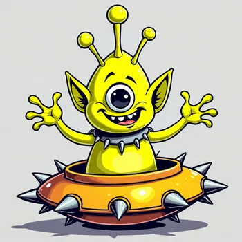 Cartoon Alien in Spiked Spaceship