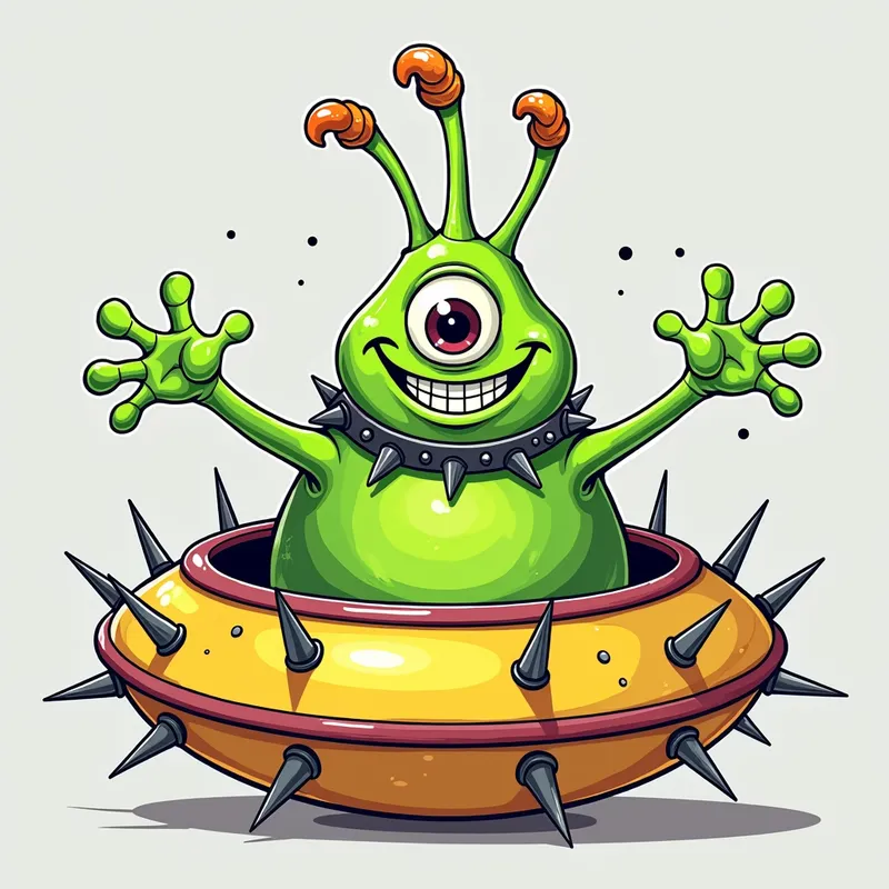 Cartoon Alien in Spiky Spaceship - /imagine prompt:Detailed line art illustration A cartoonish, bright green alien creature, positioned centrally in the image. The creature has a bulbous, teardrop shape body, and one large, expressive eye in the middle of its forehead Three oddly shaped fleshy appendages stick straight out from the top of its headi. It is wearing a gothic collar with enormous metal spikes sticking out of it. The creature has a cheerful, grinning expression, with visible, cartoonish teeth. Its arms, also brightly coloured, are outstretched in a welcoming gesture. The creature is sitting in a brightly coloured spaceship with metal spikes sticking out from the sides. The background is a plain, light gray. The style is vibrant, playful, and exaggerated, with bold outlines and bright colors. The lighting is even, casting no significant shadows. The creature's pose is friendly and inviting. The overall impression is of a friendly, cartoon alien character. - AI image generated with Photorealistic 2