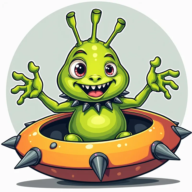 Cartoon Alien in Spiky Spaceship - /imagine prompt:Detailed line art illustration A cartoonish, bright green alien creature, positioned centrally in the image. The creature has a bulbous, teardrop shape body, and one large, expressive eye in the middle of its forehead Three oddly shaped fleshy appendages stick straight out from the top of its headi. It is wearing a gothic collar with enormous metal spikes sticking out of it. The creature has a cheerful, grinning expression, with visible, cartoonish teeth. Its arms, also brightly coloured, are outstretched in a welcoming gesture. The creature is sitting in a brightly coloured spaceship with metal spikes sticking out from the sides. The background is a plain, light gray. The style is vibrant, playful, and exaggerated, with bold outlines and bright colors. The lighting is even, casting no significant shadows. The creature's pose is friendly and inviting. The overall impression is of a friendly, cartoon alien character. - AI image generated with Photorealistic 2