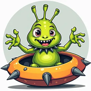 Cartoon Alien in Spiky Spaceship