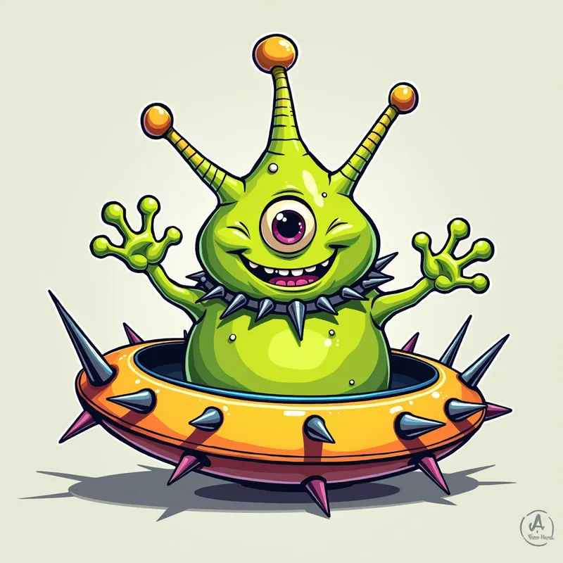 Cartoon Alien in Spiky Spaceship - /imagine prompt:Detailed line art illustration A cartoonish, bright green alien creature, positioned centrally in the image. The creature has a bulbous, teardrop shape body, and one large, expressive eye in the middle of its forehead Three oddly shaped fleshy appendages stick straight out from the top of its headi. It is wearing a gothic collar with enormous metal spikes sticking out of it. The creature has a cheerful, grinning expression, with visible, cartoonish teeth. Its arms, also brightly coloured, are outstretched in a welcoming gesture. The creature is sitting in a brightly coloured spaceship with metal spikes sticking out from the sides. The background is a plain, light gray. The style is vibrant, playful, and exaggerated, with bold outlines and bright colors. The lighting is even, casting no significant shadows. The creature's pose is friendly and inviting. The overall impression is of a friendly, cartoon alien character. - AI image generated with Photorealistic 2