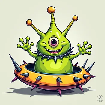 Cartoon Alien in Spiky Spaceship