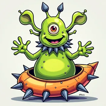 Cartoon Alien in Spiky Spaceship