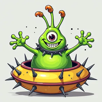 Cartoon Alien in Spiky Spaceship