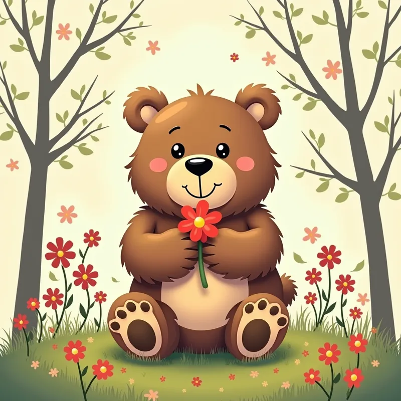 Cartoon Bear Spring Cycle - a cartoon bear that goes from spring to winter and leaves flowers in its paw prints, the bear brings the spring - AI image generated with Photorealistic 2