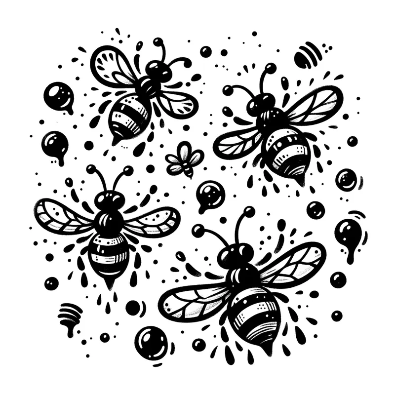 Cartoon Bees Doodle - simple clipart of black and white picture of bees flying in the air - AI image generated with Art - alcohol ink, cartoony, doodle