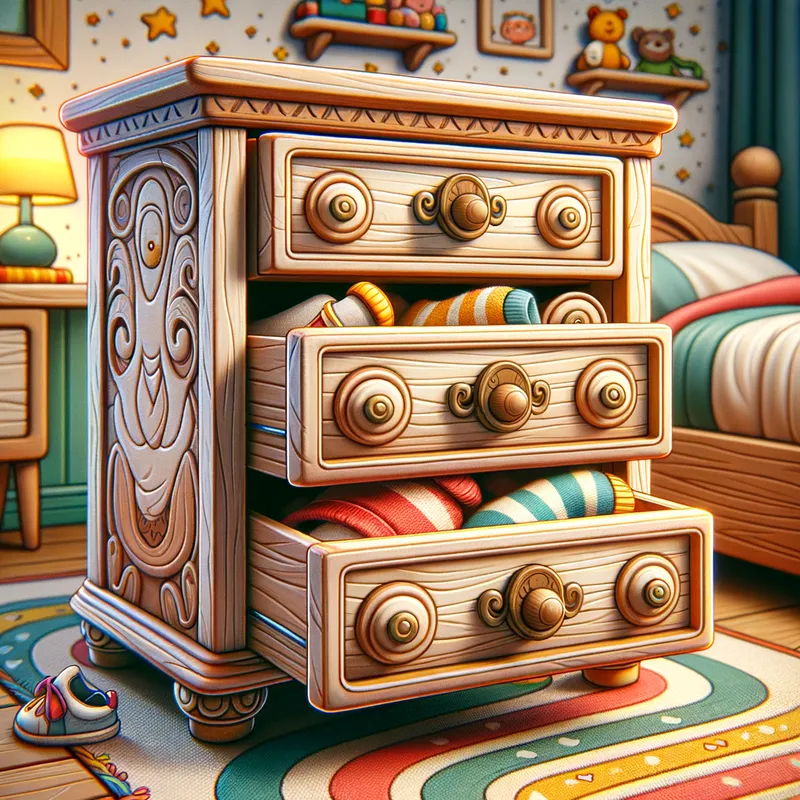 Cartoon Dresser with Open Top Shelf - A whimsical, cartoon-style wooden dresser with ornate handles. The dresser has four drawers, with the top drawer slightly pulled open, revealing a few colorful items inside, such as socks and small toys. The background features a cozy, cartoonish bedroom with playful elements like a patterned rug and a small nightstand with a lamp. - AI image generated with Art