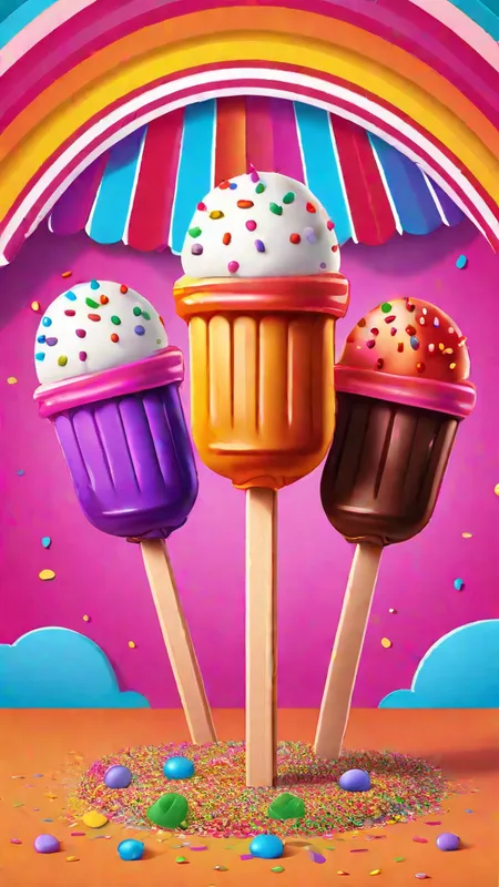 Cartoon Ice Cream Trio - Cartoon poster of Three colorful ice cream pops with sprinkles on a colorful background - AI image generated with Fictional - master shot, cartoony