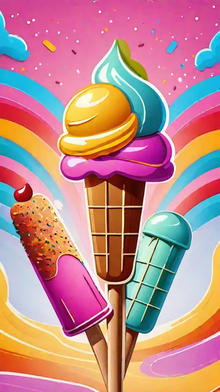 Cartoon Ice Cream Trio - Cartoon poster of  Three colorful ice cream pops with sprinkles on a colorful background - AI image generated with Fictional - master shot, cartoony