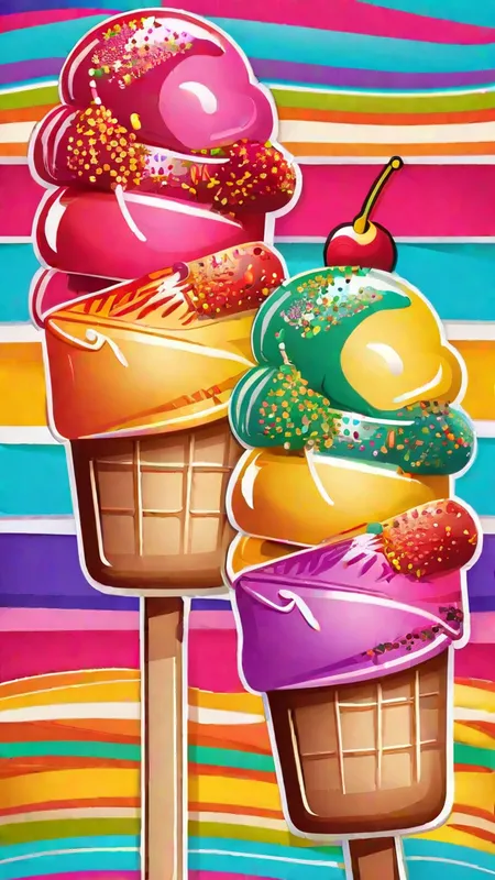 Cartoon Ice Cream Trio - Cartoon poster of  Three colorful ice cream pops with sprinkles on a colorful background - AI image generated with Fictional - master shot, cartoony