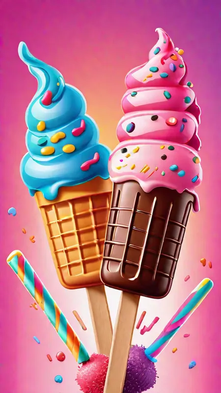 Cartoon Ice Cream Trio - Cartoon poster of Three colorful ice cream pops with sprinkles on a colorful background - AI image generated with Fictional - master shot, cartoony