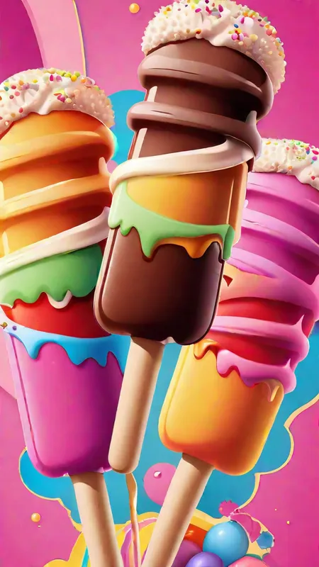 Cartoon Ice Cream Trio - Cartoon poster of Three colorful ice cream pops with sprinkles on a colorful background - AI image generated with Fictional - master shot, cartoony