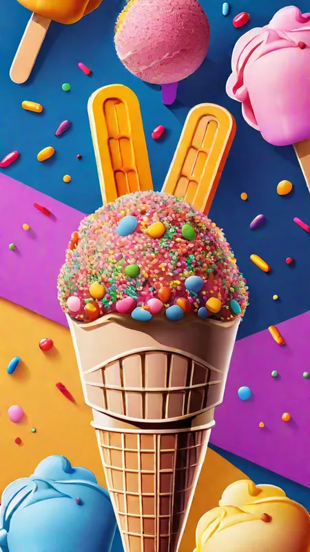 Cartoon Ice Cream Trio - Cartoon poster of Three colorful ice cream pops with sprinkles on a colorful background - AI image generated with Fictional - master shot, cartoony