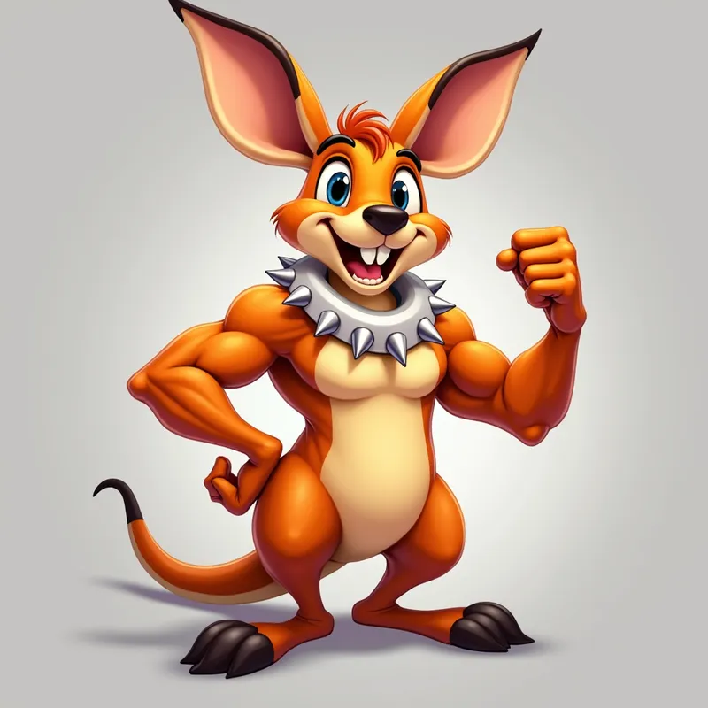 Cartoon Kangaroo Flexing Bicep - An image featuring a muscular cartoon kangaroo with a vibrant orange coat and cream-colored belly standing confidently. The kangaroo flexes its left bicep, showing off its strength, while wearing a white spiked collar with silver spikes. Its large ears, expressive eyes, and cheerful smile with sharp teeth are emphasized against the simple gray background. - AI image generated with Photorealistic 2