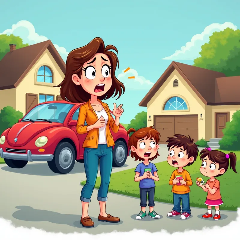 Cartoon Mom Locked Out With Kids - A brightly colored cartoon scene of a frazzled woman standing in a driveway, looking stressed, with her keys clearly locked inside the car. Three small kids, each needing something, cluster around her. The house and driveway are in the background, all in cheerful and vibrant colors, perfect for an advertisement. - AI image generated with Photorealistic 2