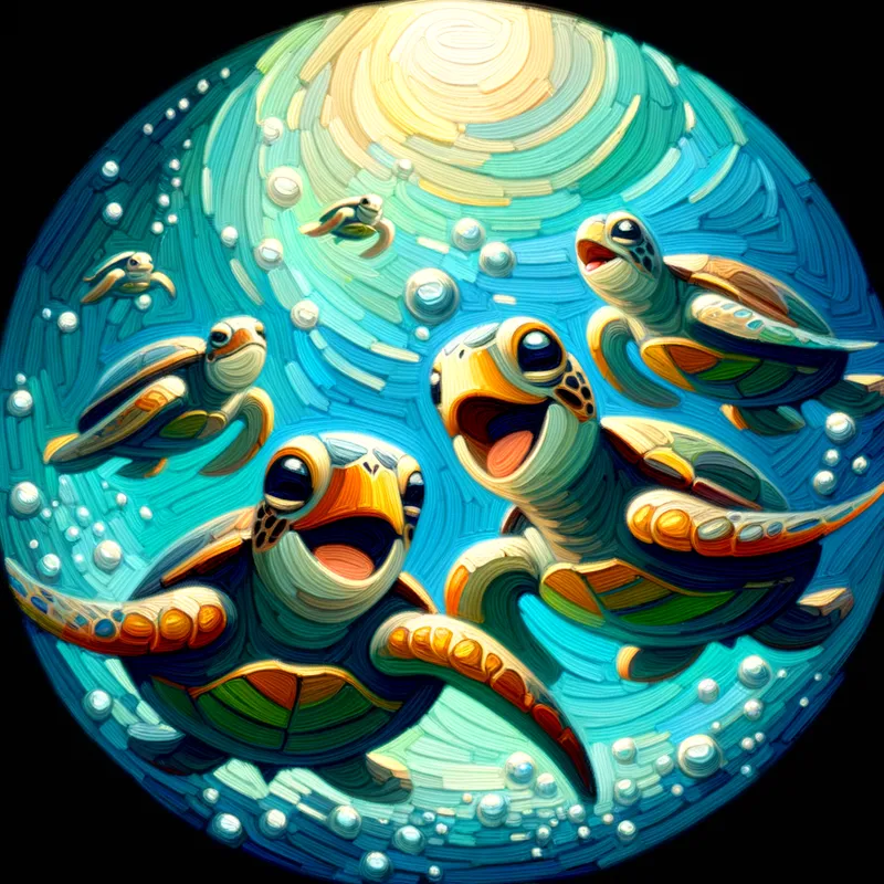 Cartoon Turtle Family Joy - Cute happy turtle family
swimming - AI image generated with Art - fish eye, cartoony, abstract