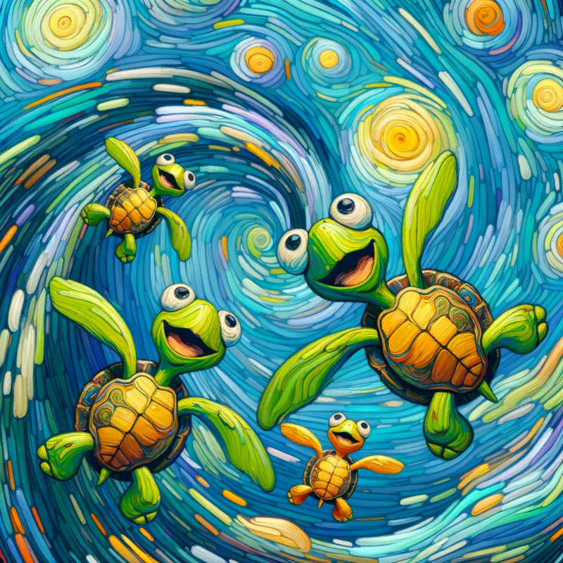 Cartoon Turtles' Joyful Swim - Cute happy turtle family
swimming - AI image generated with Art - fish eye, cartoony, abstract