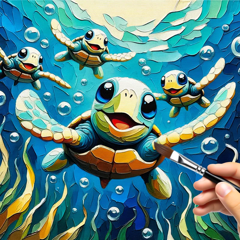Cartoon Turtles' Joyful Swim - Cute happy turtle family
swimming - AI image generated with Art - cartoony, abstract, oil painting with palette knife