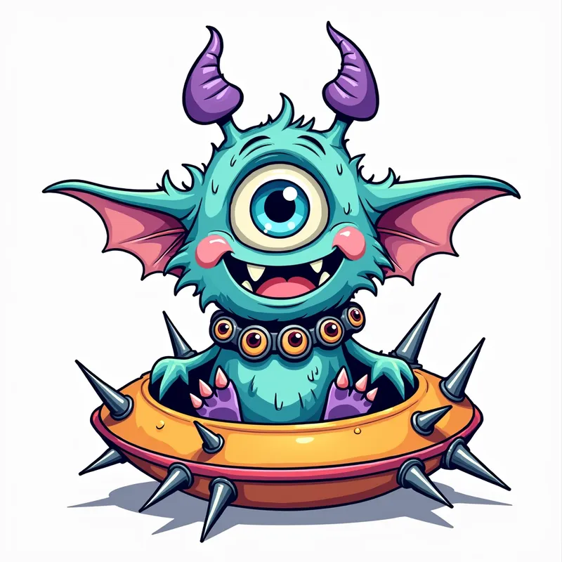 Cartoonish Blue Monster Masterpiece - line art illustration of a cartoonish blue monster with one large blue eye, a wide smile, and sharp teeth is centered in the image, featuring purple antennae with oval tips, green and pink ears, and purple feet and hands, set against a plain white background. It also has three additional eyes, on the end of stalks growing out of its head. It is wearing a gothic collar with huge metal spikes sticking out, and sitting in a brightly coloured spaceship which has metal spikes around the edge.. - AI image generated with Photorealistic 2