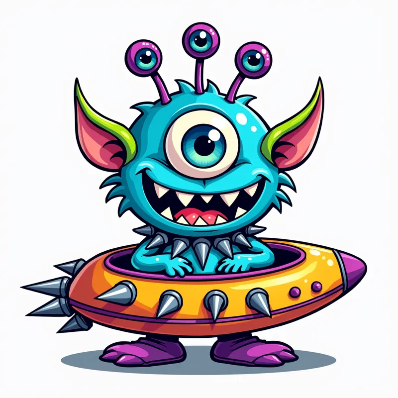 Cartoonish Blue Monster Masterpiece - line art illustration of a cartoonish blue monster with one large blue eye, a wide smile, and sharp teeth is centered in the image, featuring purple antennae with oval tips, green and pink ears, and purple feet and hands, set against a plain white background. It also has three additional eyes, on the end of stalks growing out of its head. It is wearing a gothic collar with huge metal spikes sticking out, and sitting in a brightly coloured spaceship which has metal spikes around the edge.. - AI image generated with Photorealistic 2