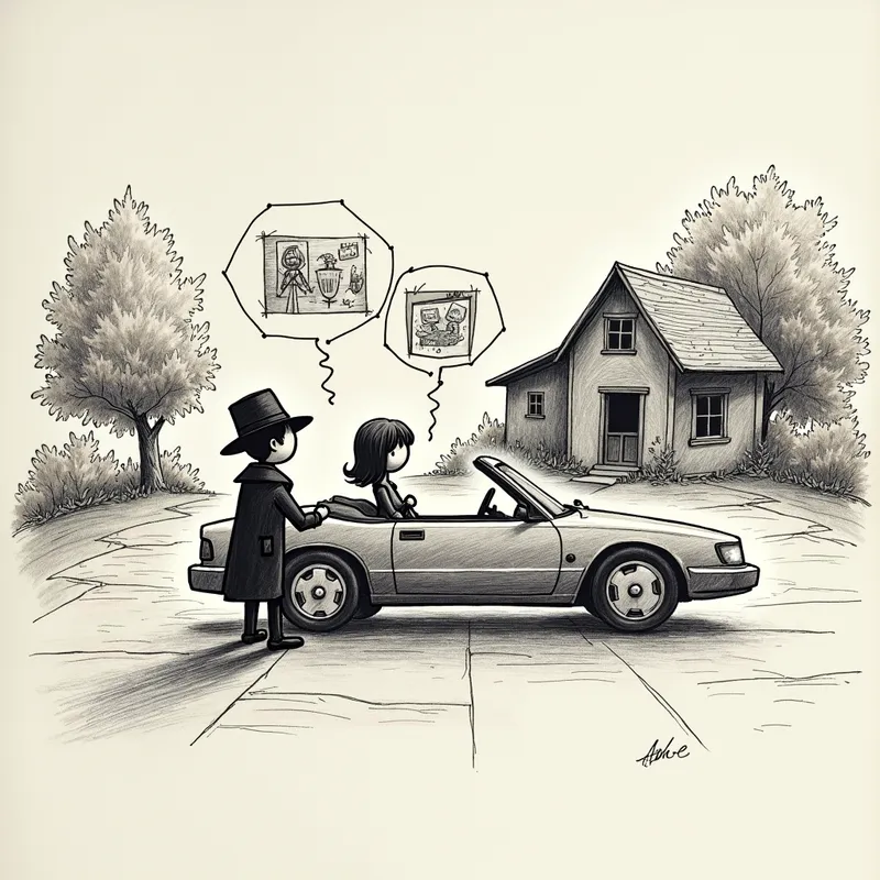 Cartoonist Stick Figures - A simple stick figure sketch on textured paper, drawn with thin, rough pencil strokes. Inside a car, a stick figure in a black trench coat and fedora sits beside a female stick figure driver. They talk, and speech bubbles above display the trench coat figure sketching cartoons. The car is parked in a driveway of a dilapidated house surrounded by greenery. Cross-hatching is used sparingly for shading and depth. - AI image generated with Photorealistic 2