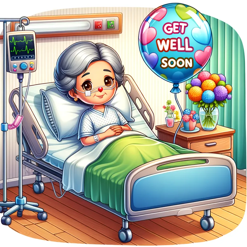 Cartoony Get Well Soon Balloon - a older woman in a hospital bed and a balloon that says get well soon - AI image generated with Art - cartoony