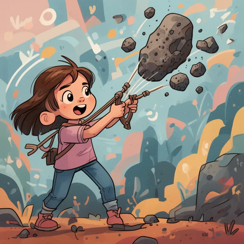 Cartoony Girl Launching Rocks - Tangra AI Image Generator