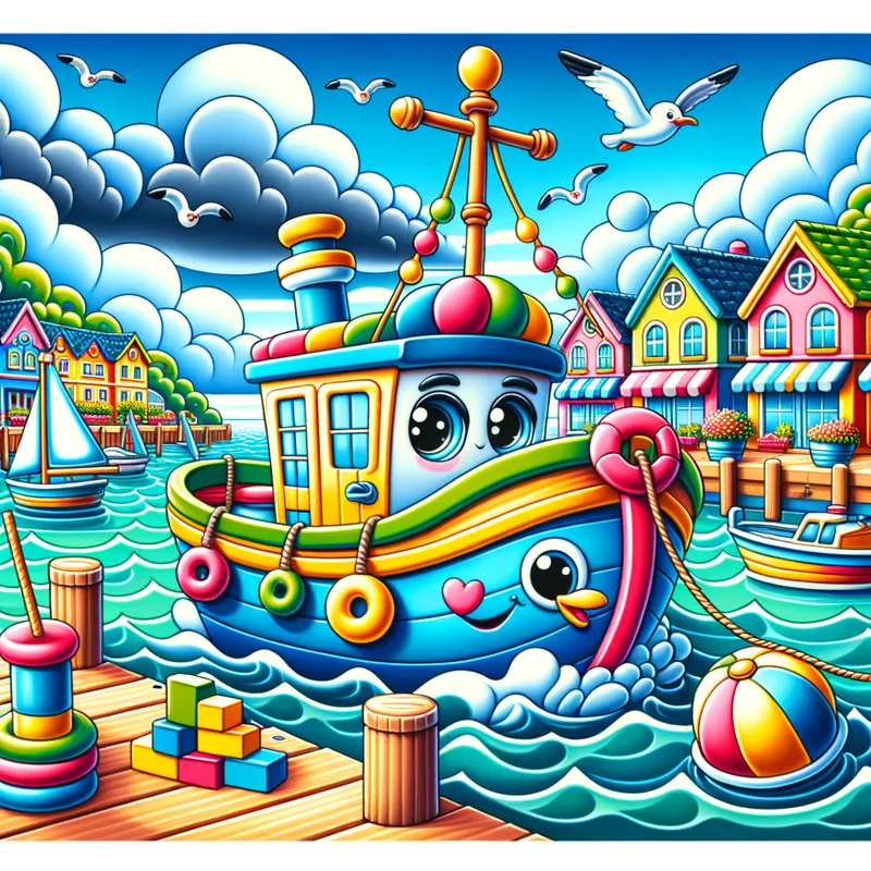 Cartoony Harbor Boat Close-Up - a beautiful scene of an harbour featuring a close up of a boat - AI image generated with Art - cartoony