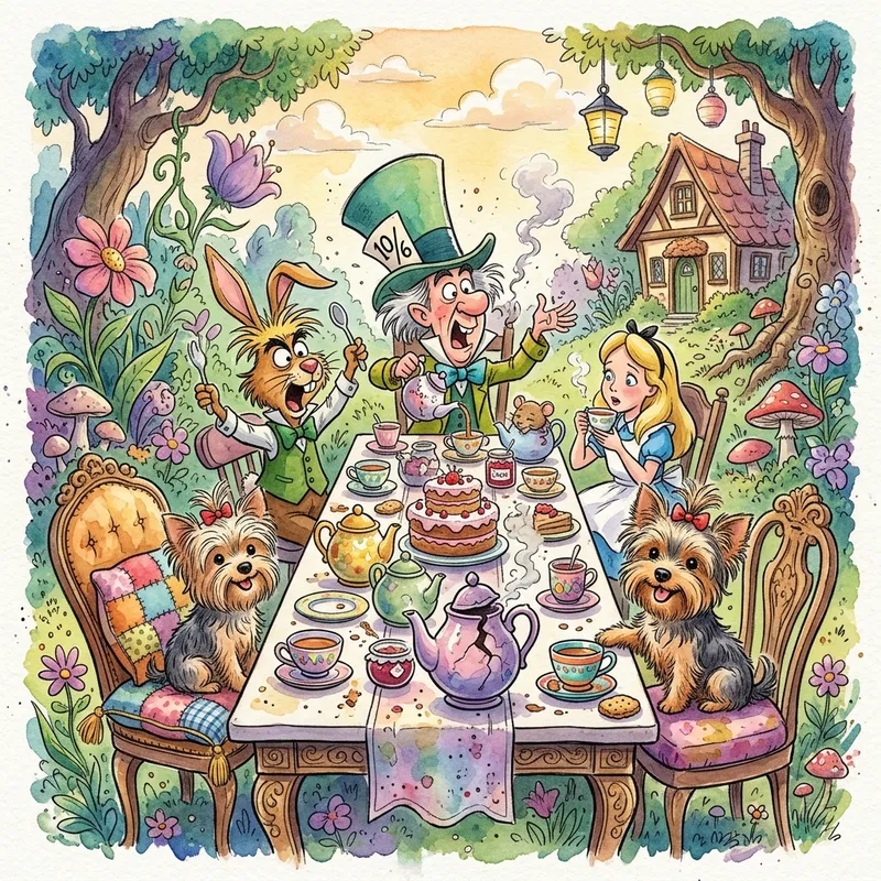 Cartoony Watercolor Mad Hatter & Yorkie - Mad Hatter tea party. Add yorkie. - AI image generated with Nano Banana 2 - cartoony, watercolor