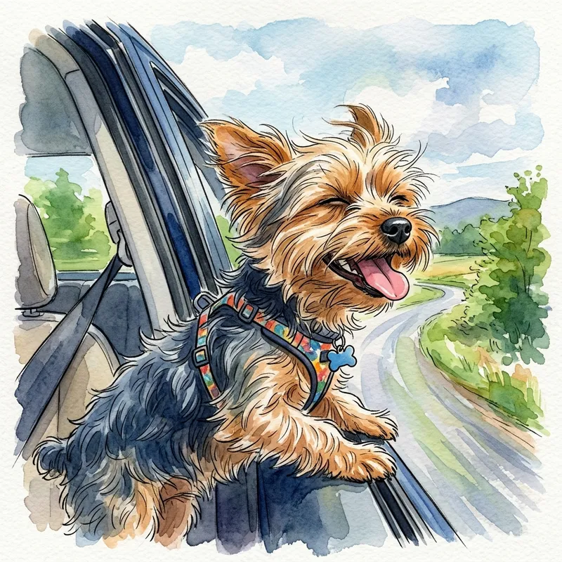 Cartoony Watercolor Yorkie in Wind - Yorkie hanging out car window . Face in the wind. Loving it! - AI image generated with Nano Banana 2 - cartoony, watercolor