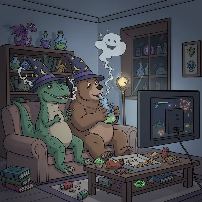 Cartoony Wizard T-Rex & Bear Game Night - trex and grizzly bear smoking weed together while wearring wizard hats and playing video games - AI image generated with Nano Banana - cartoony