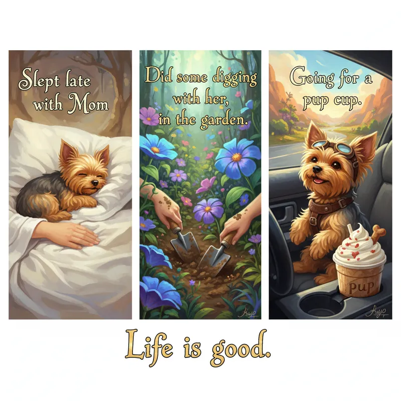 Cartoony Yorkie Day: Nap, Dig, Pup Cup - Text: slept late with Mom . Did some digging with her, in the garden. Going for a pup cup. Life is good. Image: A yorkie sleeping, digging and riding in a car. - AI image generated with Nano Banana - cartoony, Luis Royo