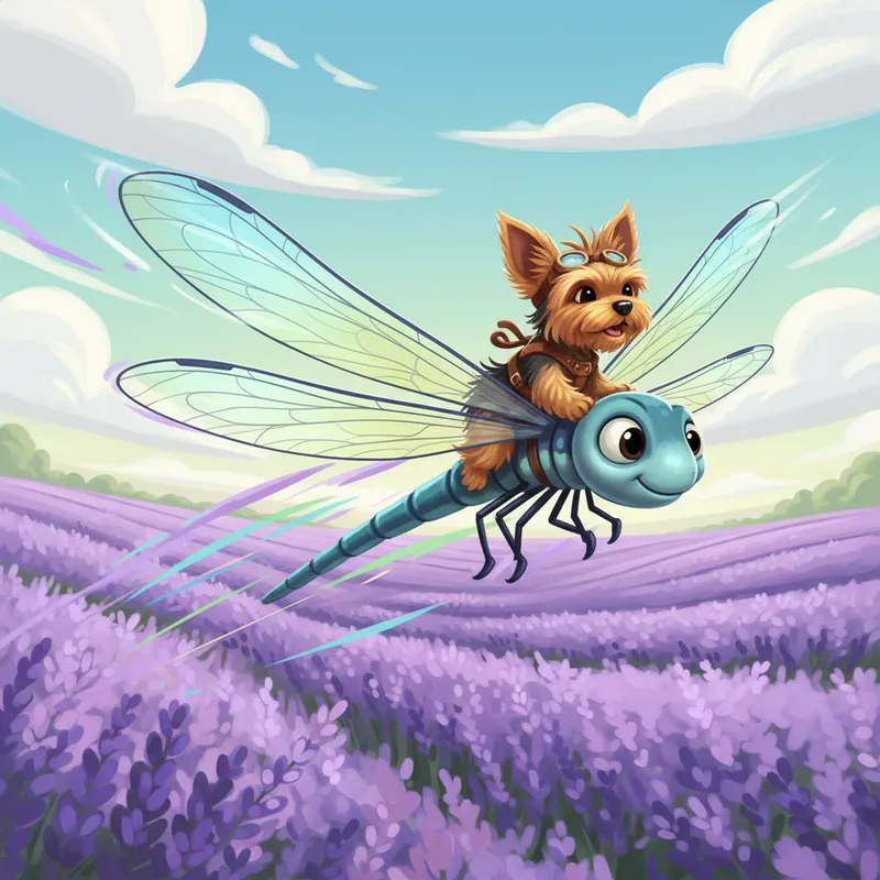 Cartoony Yorkie on Dragonfly in Lavender - yorkie riding a dragonfly across a field of lavender. - AI image generated with Nano Banana - cartoony, motion blur