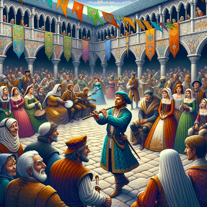 Castle Courtyard Serenade - A bustling medieval castle courtyard with a minstrel delighting the crowd with his flute. Nobles and commoners alike are seen enjoying the music, while colorful banners flutter overhead. - AI image generated with Art - fantasy art