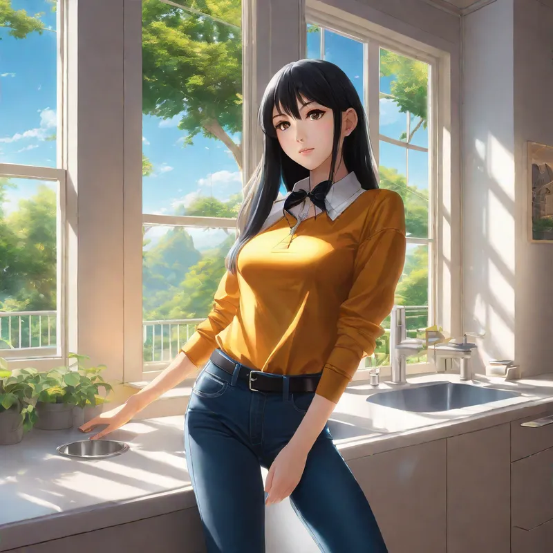 Casual Confidence - A vibrant anime girl in tight jeans poses confidently in a bright room featuring a window with soft sunlight and a shiny sink, blending photorealistic and superflat artistic elements. - AI image generated with Fictional