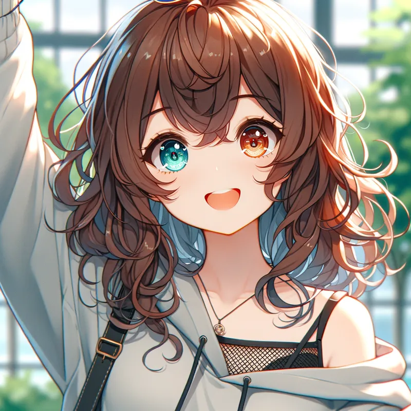 Casual Day Out - An anime female character with brown curly hair and unique heterochromatic eyes, dressed casually in a hoodie, enjoying her day outside. - AI image generated with Art