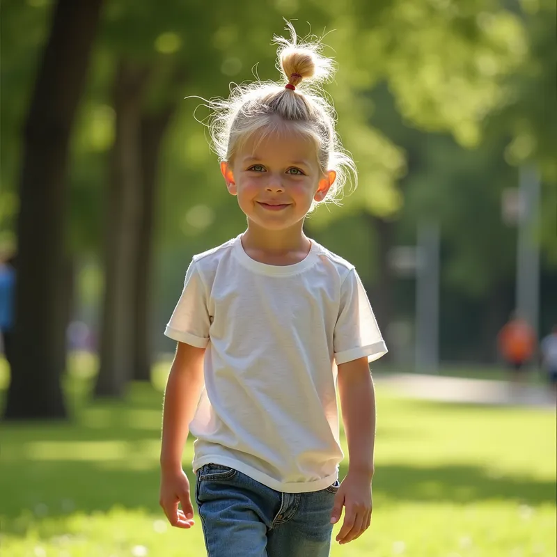 Casual Teen Look - A 16-year-old blonde boy wearing casual clothes, his hair tied back in a bun, walking through a park on a sunny day. - AI image generated with Photorealistic 2