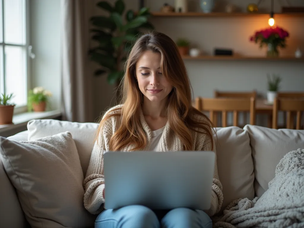 Casual Workday - A casual scene of a woman working on her laptop from the sofa, captured in full front view, with cozy home decor around her. - AI image generated with Photorealistic 2