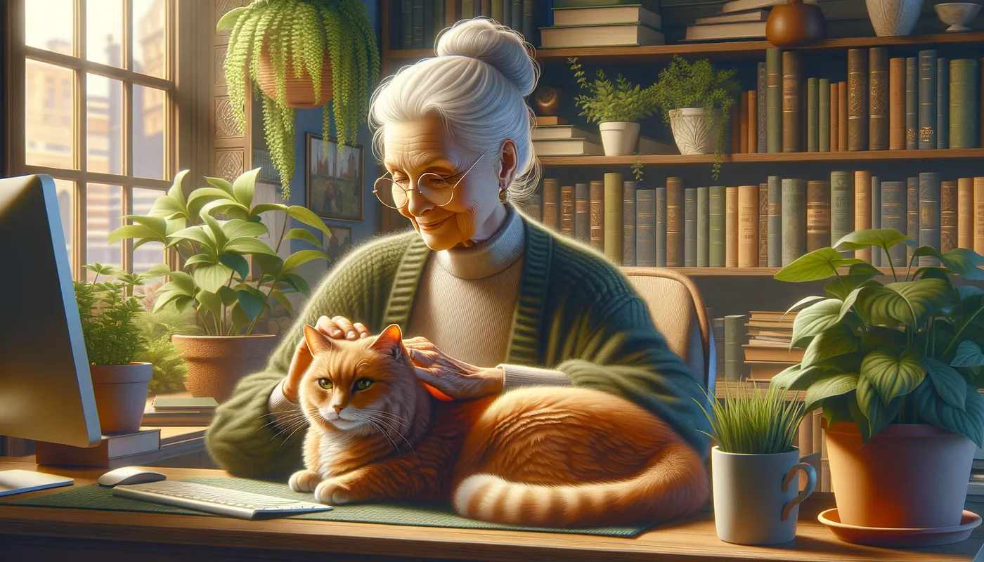 Cat Companion - A peaceful scene of an elderly woman seated at her computer desk, lovingly scratching her orange cat's head, with potted plants and books in the background. - AI image generated with Art