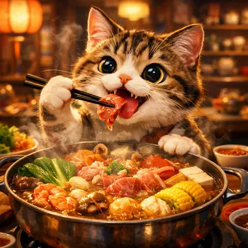 Cat Enjoying Hotpot in Cozy Kitchen